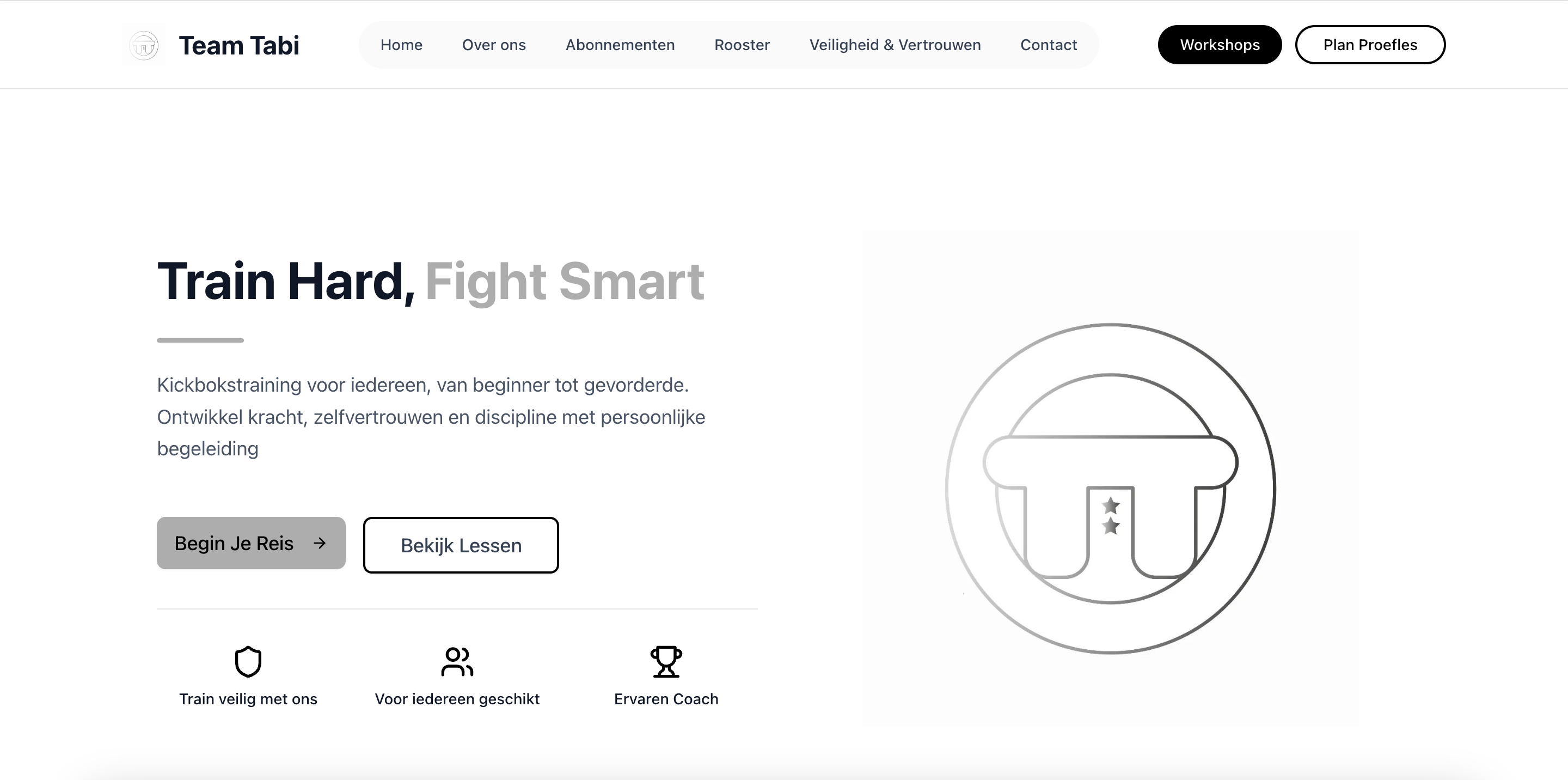 Team Tabi kickboxing school website - Modern martial arts website design with class schedules, trainer profiles, and online registration
