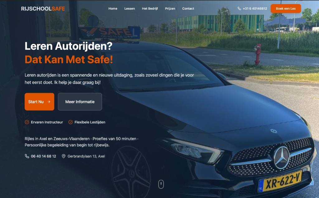 Rijschool Safe - Moderne rijschool website met lesinformatie, pakketten en online aanmelding